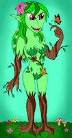 Vangie by DoppelSauce - female, flowers, oc, green hair, brown eyes, nymph, humanoid, green skin, dryad, plant girl, greek mythology