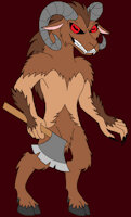 Goaster by DoppelSauce - goat, male, hybrid, axe, furry, horns, oc, red eyes, brown fur, brown skin, demihuman, goat boy