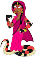 Trishna by DoppelSauce - female, naga, oc, scales, snaketail, pink eyes, sari, brown skin, snake girl, demihuman