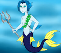 Dylan by DoppelSauce - male, oc, merfolk, blue hair, blue eyes, merman, trident, blue skin, fishtail, blue body