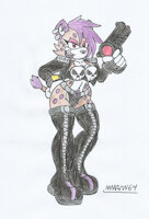 Strash the Hyena by marlon64 - female, booties, hyena, bikini, red eyes, purple hair, lipstick, mobian, eyeshadow, jackets, make up, sonic fanon characters, sonic (series), sonic fc, laser gun, big hips, punk hair, bigbreasts, sonicfancharacter, punk girl, sonicoc, mobian oc