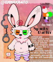 (OC) Spunky Bunter by BengalBatEmmaKat - rabbit, gay, short, handcuffs, femboy, thigh highs, refsheet, fullbody, bunny boy, asexual, digitalartist, earpiercings