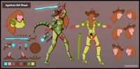 Agatha's Ref Sheet. by Criegrrunov - sword, hat, tail, glowing, lizard, neon, reptile, cowboy, armor, sheet, background, reference, cowgirl, expressions, scales, scalie, lore, info, ref-sheet, revolver