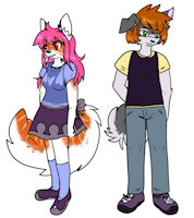 Nell and Finn O'Hara by Orinn - dog, fox, cat, feline, woman, female, husky, male, reference sheet, canine, man, reference, pink hair, junglefox