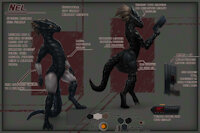 (com.) Nel refsheet by SeaTeal - dragon, female, hybrid, leather, sci-fi, scaly, gun, ref, reference, weapon, scales, chimera, futuristic, refsheet
