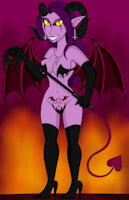 Batsheva by DoppelSauce - female, demon, tail, horns, oc, yellow eyes, demoness, succubus, whip, purple hair, purple skin, scantily clad, womb tattoo