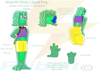 Arien the Sticky Lipped Frog by Filibolt - frog, ref sheet, wide hips, mobian, big butt, bio, swimming trunks, sonic oc, webbed feet, three toes, thick thighs, big lips, wavy hair, bottom heavy, webbed hands, nonbinary