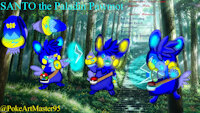 SANTO the Paladin Pawmot by PokeArtMaster95 - yellow, male, pokemon, kawaii, blue, badge, cuteness, medieval, yellow eyes, blue eyes, rings, shield, pokeball, marmot, blue body, forest background