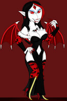 Mihaela by DoppelSauce - female, fangs, vampire, wings, oc, big breasts, red eyes, black hair, big boobs, black dress, white skin, pale skin, vampiress