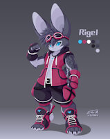 Rigel (Version 7) by JoVeeAl - kemono, male, gloves, rabbit, jacket, pants, original, anthro, hood, digital, smile, markings, furry, necklace, character, tattoos, oc, solo, goggles, hoodie, furries, fursona, smiling, mammal, characters, nails, pouch, navel, anthropomorphic, blue eyes, original characters, digital art, sleeveless, looking at viewer, original character, lagomorph, character reference, bunny ears, lagomorphs, signature, spiky hair, grey fur, mammals, character design, accessories, digital painting, footwear, lagomorpha, solo male, pouches, fursonas, color palette, leporid, leporidae, rabbit ears, ocs, gradient background, furry art, sleeveless shirt, digital drawing, oc only, sleeveless hoodie, grey body, solo focus, digital artwork, digital media (artwork), original art, dipstick tail, dipstick ears, topwear, fursona art, goggles on head, leporids