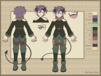 Sin by Uluri - male, purple, reference sheet, green, demon, clothes, ref, reference, incubus, humanoid