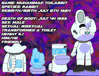 Meet Muhammad Toilabbit by ScottEvilCheedew - cute, bunny, male, rabbit, adult, man, character sheet, blue, water, toilet, character, robot