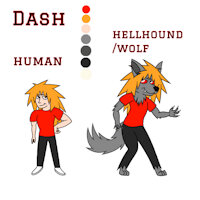 a boi that can turn into a “hellwolf” by MGDire671 - wolf, male, anime, anthro, human, furry, oc, canid, clothing, dash, hellhound, gray wolf, orange hair, black pants, red shirt, white background, gray fur, white eyes, red sclera, oc only, gray body