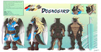 Dognogard commission (final design) by Shin0n0me - sword, dragon, male, commission, muscles, character sheet, muscular, boots, weapon, bara, blond hair, angel wings, brown body, angeldragon