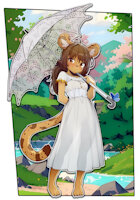 *commission* Spring Time with Eclair by sicMoP - cute, cub, female, lion, umbrella, spring, dressed, sfw, sundress, see through dress, ai assisted, ai assisted background