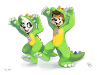 Dino Buddies by pandapaco - red, boys, cute, boy, bear, panda, anthro, furry, dinosaur, costume, steel, dino, stomp, anthropomorphic, kigurumi, stomping, pajama, parinton, paco, kigu, steelical