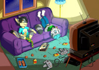 Slumber party 1 by zooshi - night, raccoon, wolf, male, socks, cubs, clothes, cookie, kids, console, tv, slumber party, disorder, pijama, juice box, game controller, nintendo64