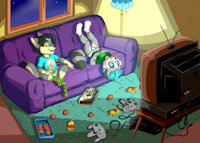Slumber party 2 by zooshi - night, raccoon, wolf, male, socks, underwear, cubs, clothes, cookie, no pants, kids, console, tv, slumber party, disorder, pijama, vhs, juice box, game controller, nintendo64