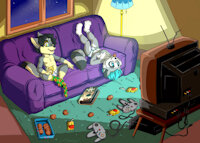 Slumber party 3 by zooshi - night, raccoon, wolf, male, socks, underwear, cubs, clothes, cookie, no pants, half dressed, kids, console, tv, slumber party, disorder, pijama, no shirt, vhs, juice box, game controller, nintendo64