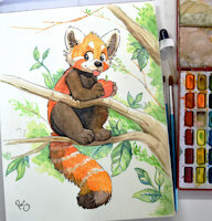 Red Panda's Delight by pandapaco - red, cute, panda, wah, painting, watercolor, traditional, apple, branch