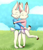 Kissing Bunnies by ConejoBlanco - diaper, girl, bunny, boy, kissing, female, male, rabbit, hoodie, outdoors