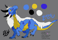 Erhu’s Reference by Wyrmling - dragon, female, feral, claws, drake, reptile, horns, mane, quadruped, reptilian, scalie, yellow eyes, white fur, dewclaws, quadrupedal, scutes, blue body, yellow body