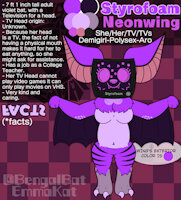 (OC) Styrofoam the TV-Bat by BengalBatEmmaKat - bat, purple, anthro, refsheet, fullbody, television, demigirl, tvhead, objecthead, furryoc, digitalartist, breastssfw