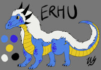 Erhu’s Reference by Wyrmling - dragon, female, feral, claws, drake, reptile, horns, mane, quadruped, reptilian, scalie, yellow eyes, white fur, dewclaws, quadrupedal, scutes, blue body, yellow body