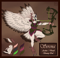 Serena Reference commission by BardoEnKrisis - anthro, bow, armor, wings, horn, text, owl, clothing, archer, spread wings, snowy owl, compound bow, arrow (weapon)