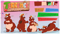 Terrence the Toon Bear - REF SHEET 2025 by RupertBlueFox - male, bear, reference sheet, fat, toon, cartoon, chubby, brown, toony, ref sheet, pizza, reference, alaskan, sfx, sounds, on stomach, big belly, terrence, prone, round belly, sploot