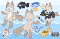 Keith Reference by FreshwaterFox - fox, camera, male, hybrid, reference sheet, collar, plushie, fish, pacifier, arctic fox, reference, bandana, hybrid species