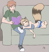 Hunter and his Dad... with an addition >.>... by LibidinousWonder - son, raccoon, male, hybrid, book, father, human, dad, daddy, robert, reading, sofa, digitalart, papa, pull up, hunter lansing
