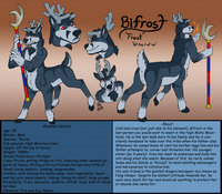 Bifrost by Killerwolf1020 - male, character sheet, ice, deer, stag, taur, frost, fire, character, sheet, buck, antlers, staff, ungulate, cervidae, bifrost, tauran