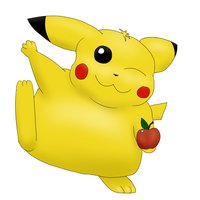 Fattychu, with an apple for you. by Shokuji - male, fat, pokemon, pikachu, apple