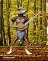sword wielding brown wolf