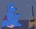 Big blue doggo playing vidya-games