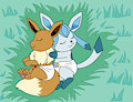 Eevee and Glaceon Snuggle by ConejoBlanco (Digital)
