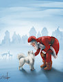 Santa Claus petting a Samoyd dog