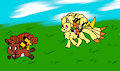 Ninetails and Raichu chasing Vulpix and Pikachu