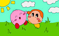 kirby and waddle dee run in field