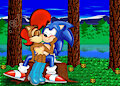 Sonic and Sally kiss in Knothole Forest