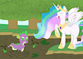 Spike gets stuck in mud while princess Celestia is laughing