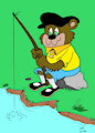 Al Bear fishing on a river bank. (Colorized with the artist's permission)