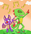 Yooka and Laylee dancing at sunset by Jessotter