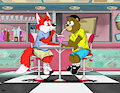Al Bear and Dexter Fox sharing an ice cream malt