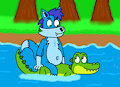 Animator Igor takes a ride on the river on Croc's back