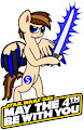 Seb the Pony holding a blue lightsaber for Star Wars Day