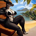 Black Dragon on bench by beach