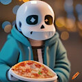 sans undertale eating a pizza at starbucks by CactusBoy