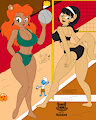 Julie Bruin and Kitty Katswell playing volleyball (color) by NuemekColor